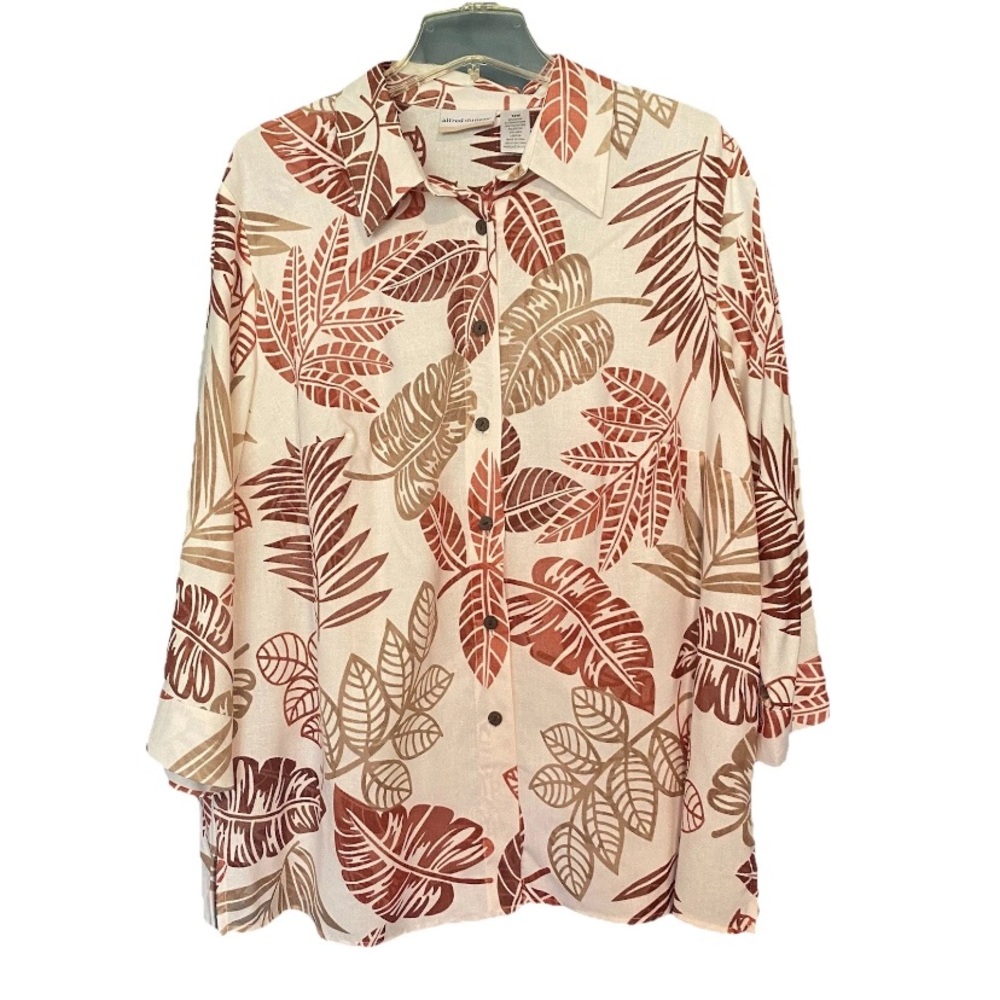 Alfred Dunner Women's 16W Cream Tan & Rust Sheer Blouse 3/4 Sleeve Button-Up Top